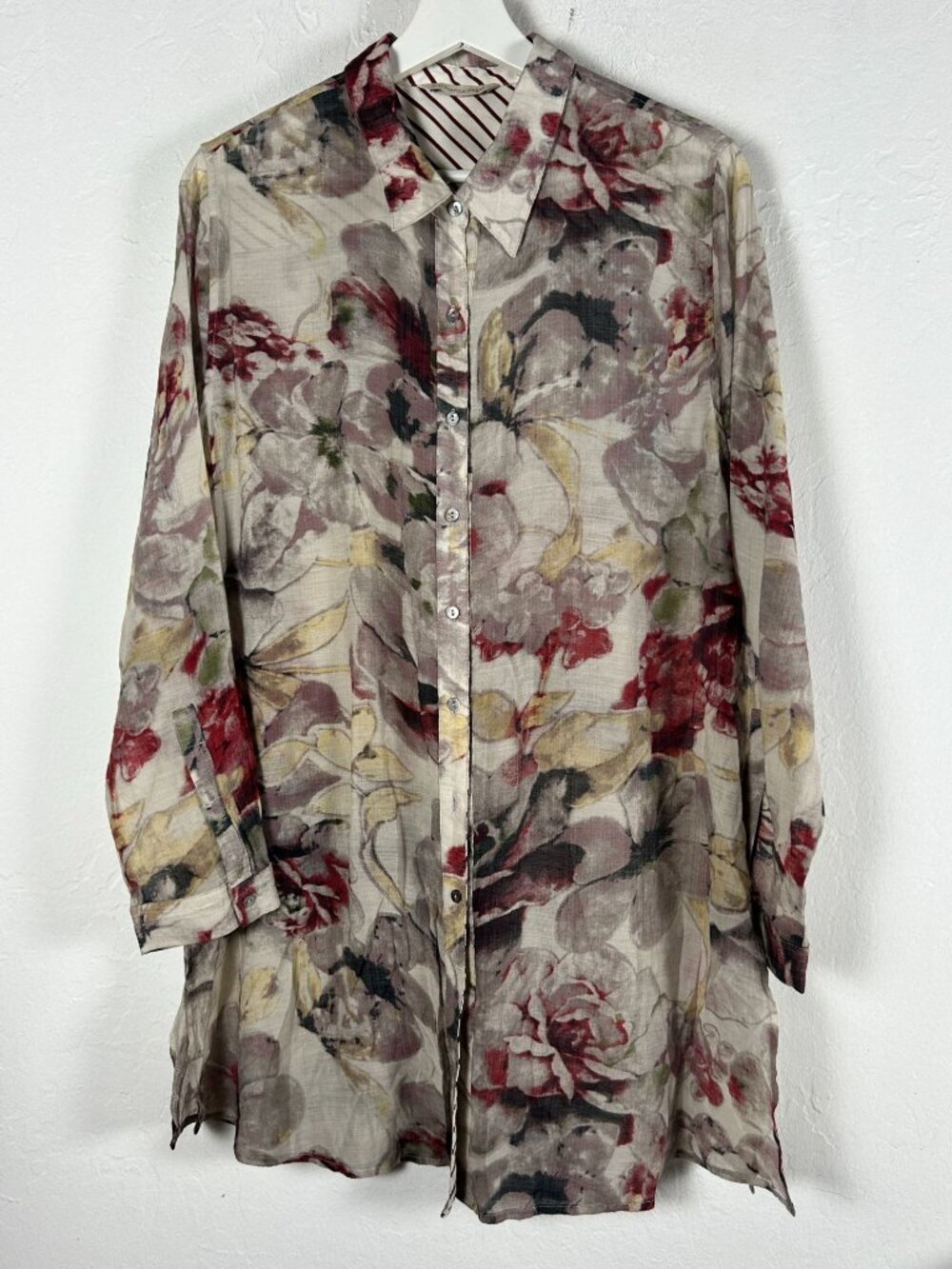 Soft Surroundings Womens Floral Sheer Long Sleeve Button Down Tunic Top Shirt